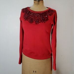 Needle & Thread Size S/M Sweatshirt Embellished Zippers Red Bejeweled Luxe Terry